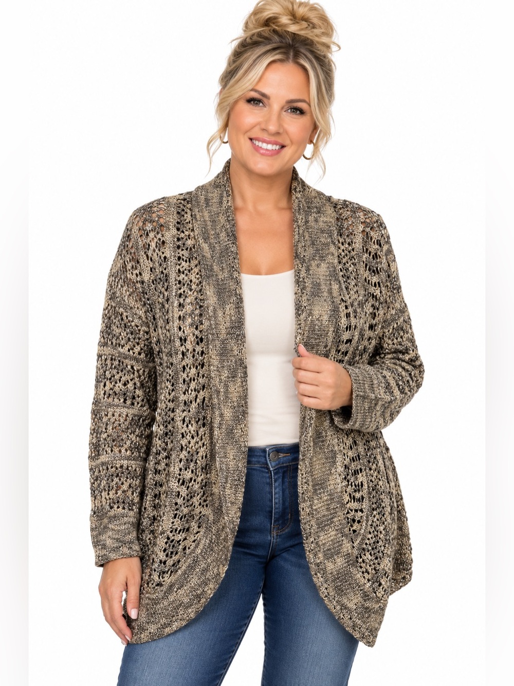 Westport 1962 Cardigan Sweater Size M Open Knit Metallic Taupe Cocoon